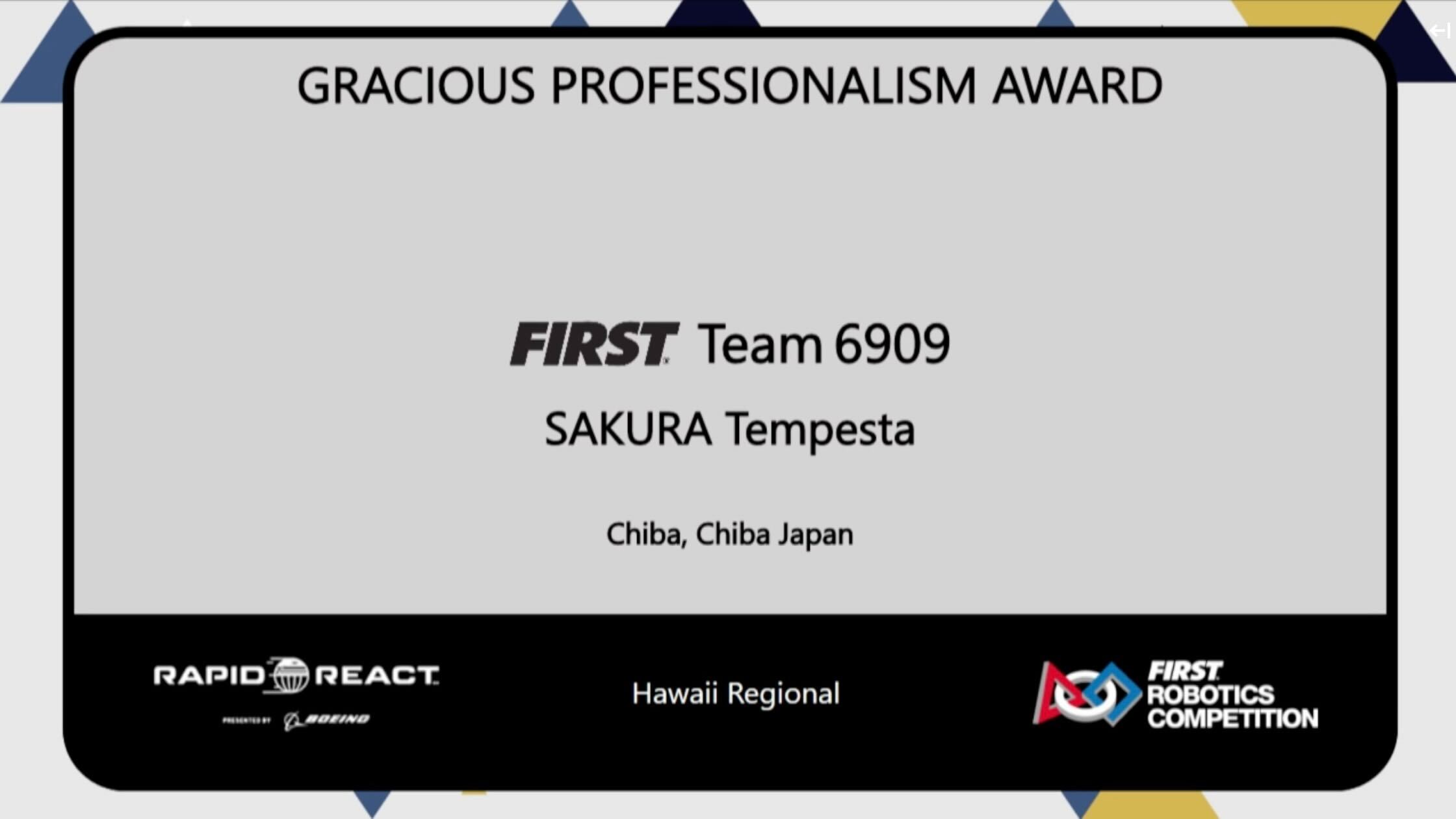 FRC Hawaii RegionalにてGracious Professionalism®︎ Awardを受賞しました FRC