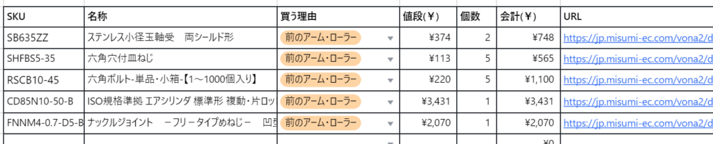 ロボットの部品表の画像